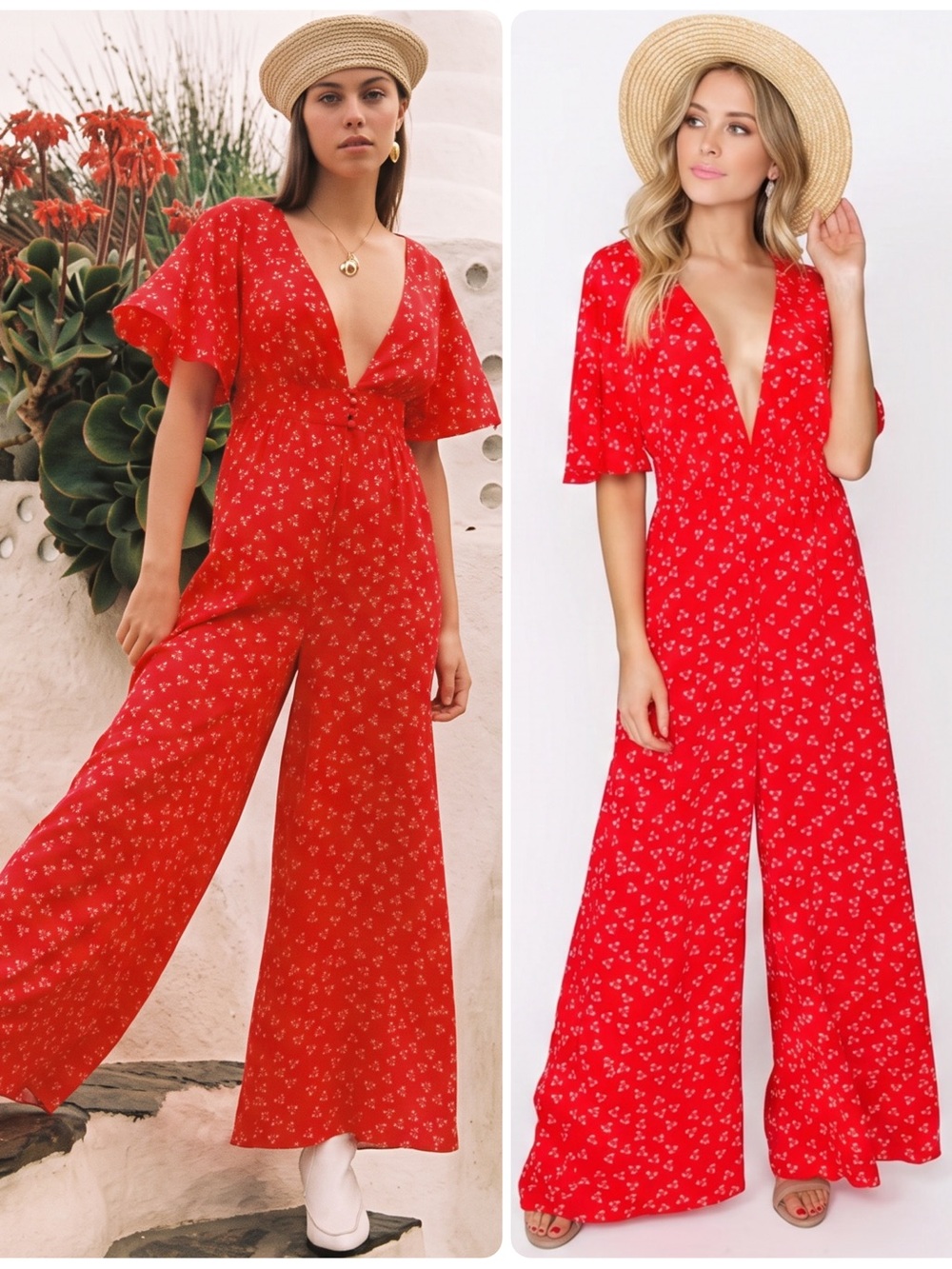 Finders Keepers Frida Viscose Ditsy Red Floral V-Neck Wide-Leg Jumpsuit $148